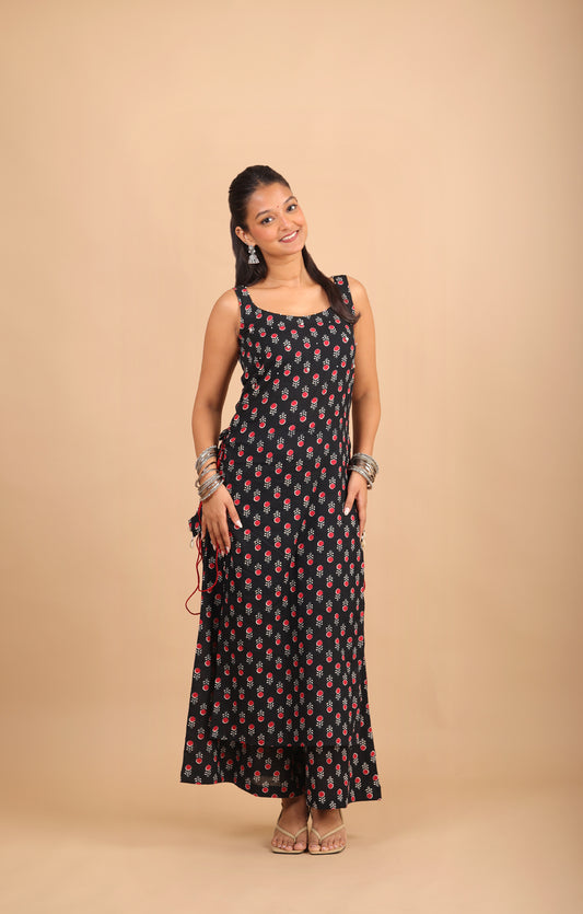 Black Printed Sleeveless Cotton Kurta Set