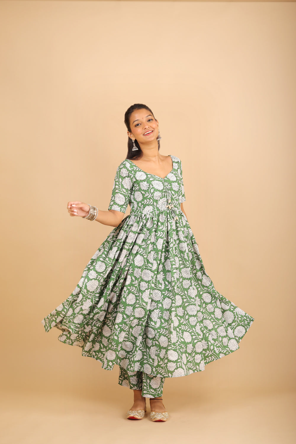 Green Printed Cotton Kurta Set with Tassels