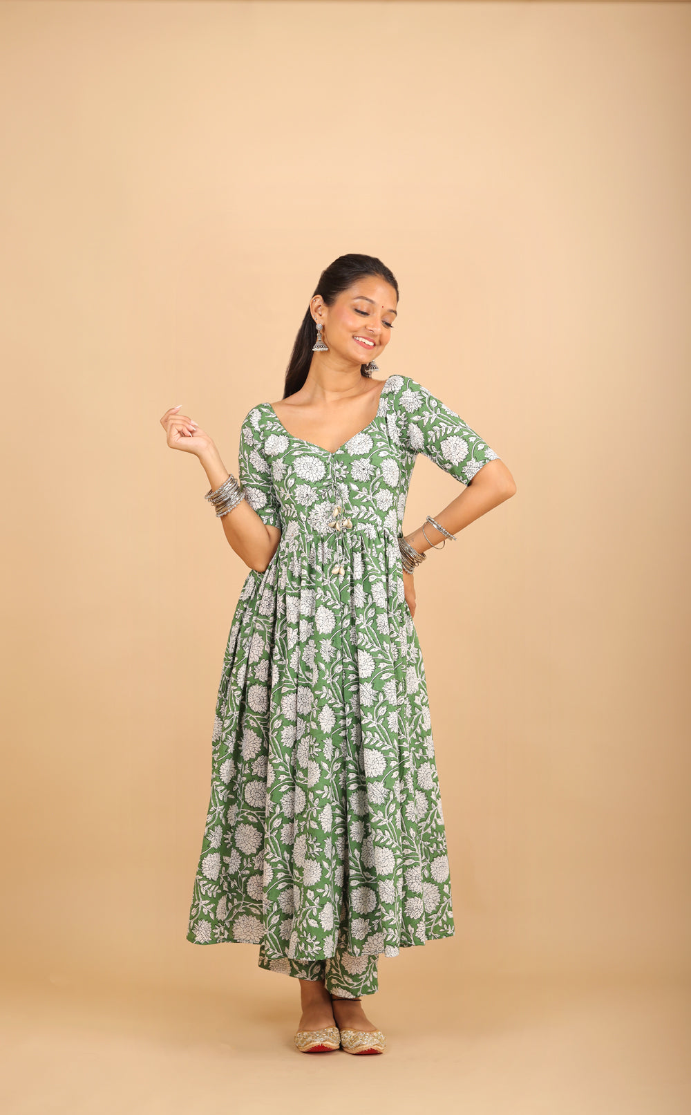 Green Printed Cotton Kurta Set with Tassels