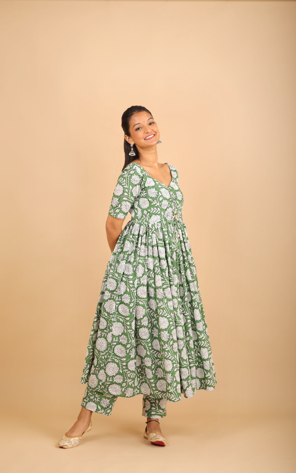 Green Printed Cotton Kurta Set with Tassels