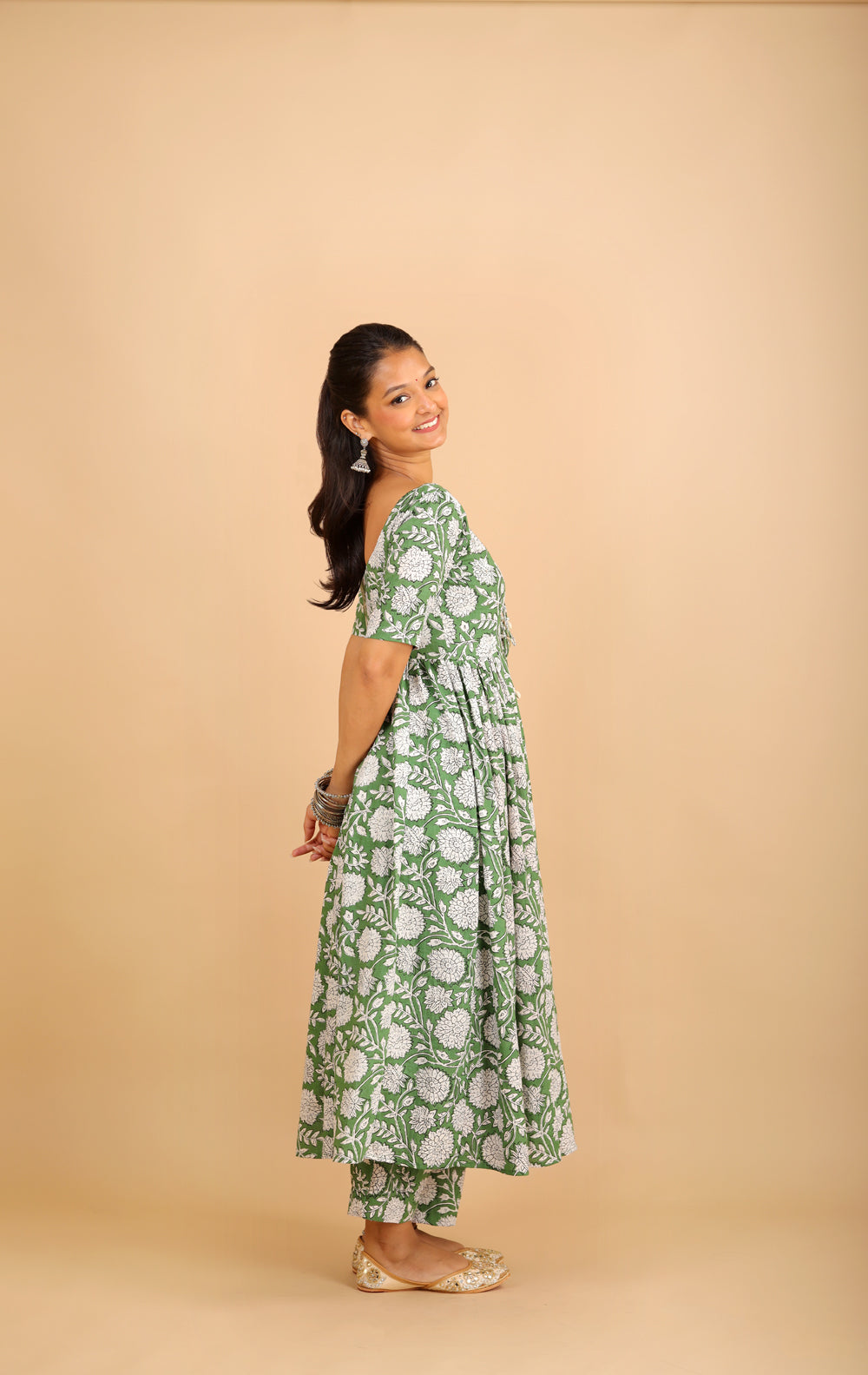 Green Printed Cotton Kurta Set with Tassels