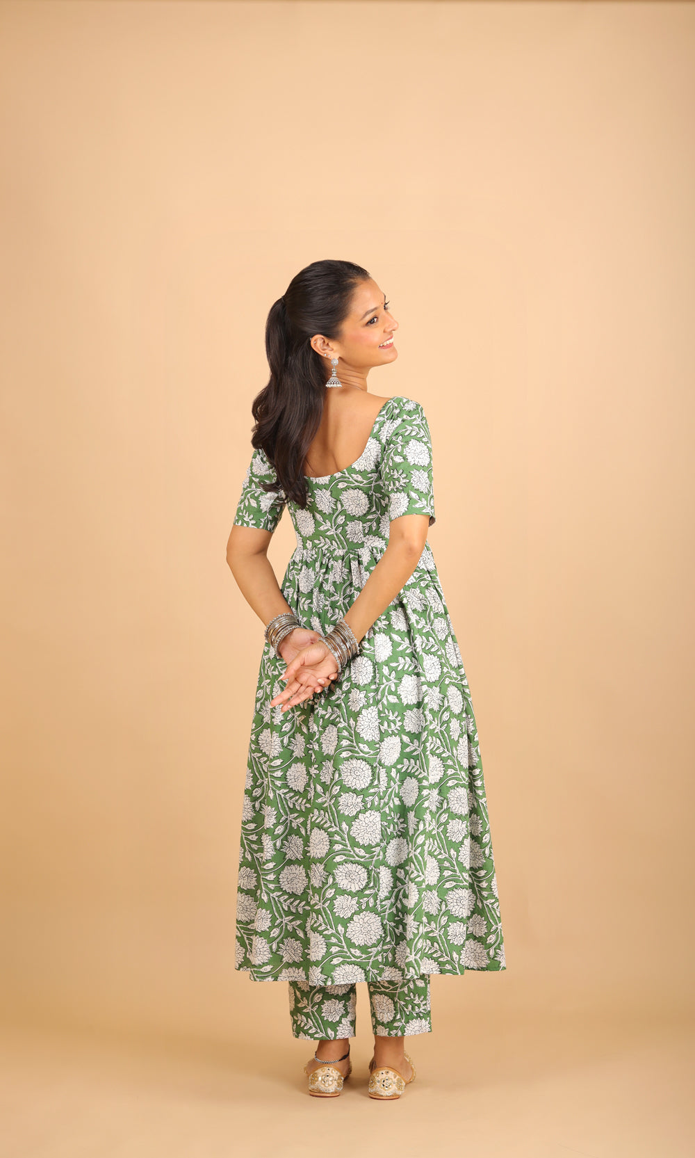 Green Printed Cotton Kurta Set with Tassels