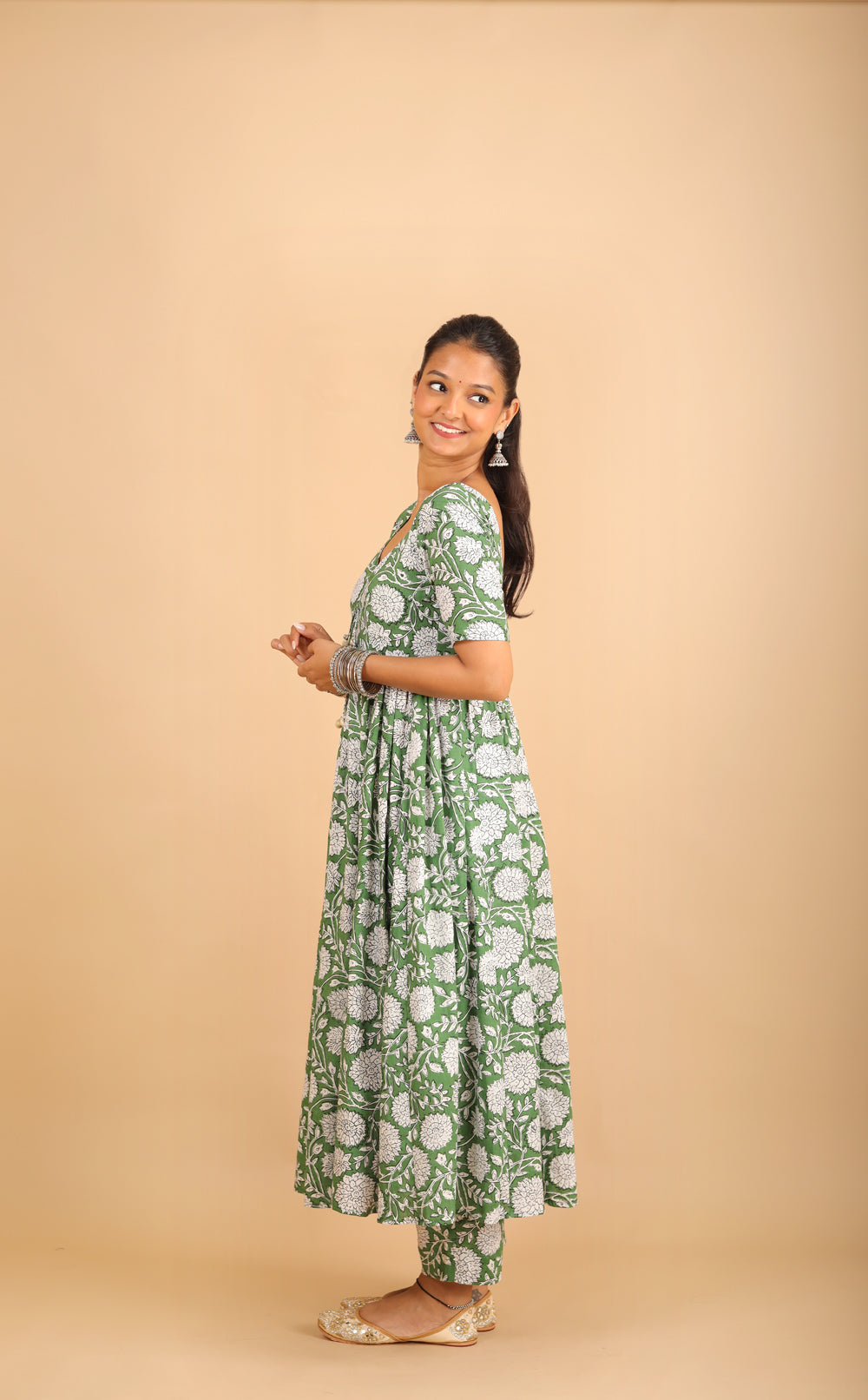 Green Printed Cotton Kurta Set with Tassels