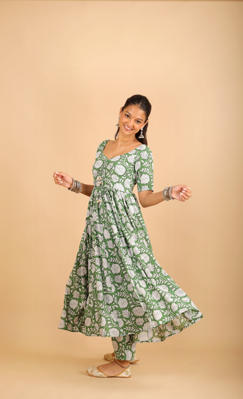 Green Printed Cotton Kurta Set with Tassels