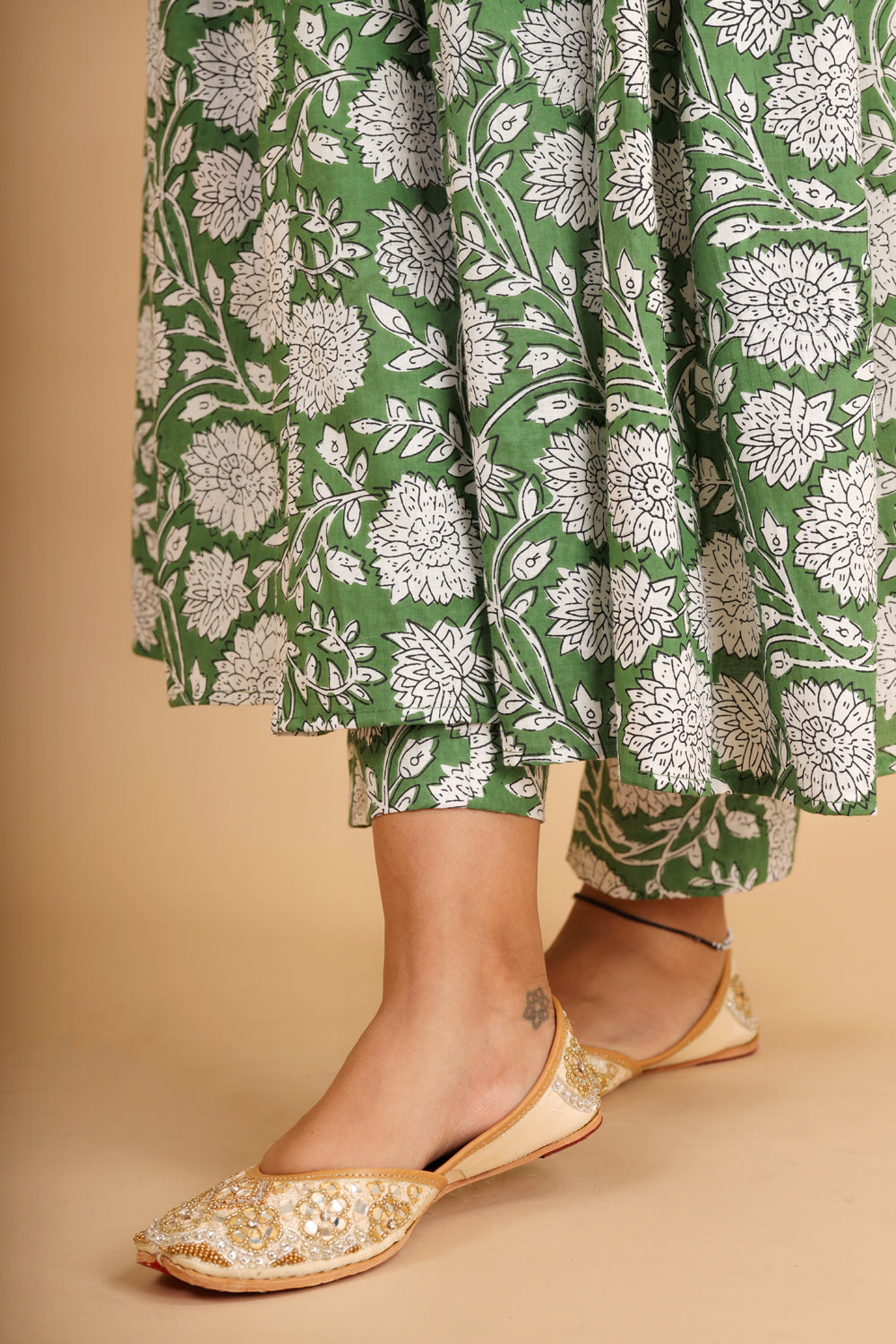 Green Printed Cotton Kurta Set with Tassels