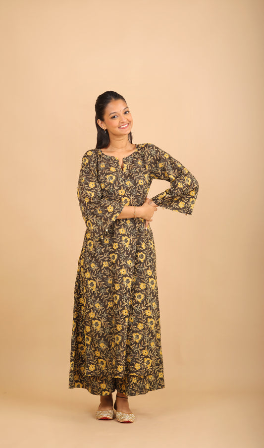 Black Printed Cotton Kurta Set with Bell Sleeves