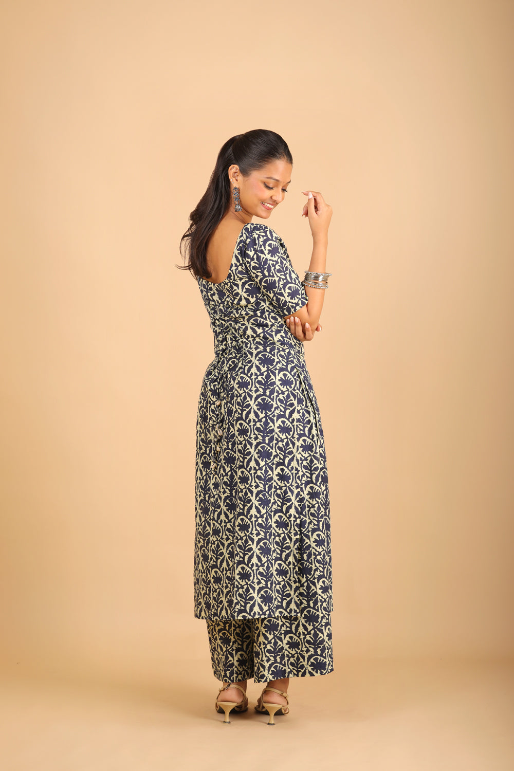 Navy Blue Cotton Kurta Set with Corset-Back