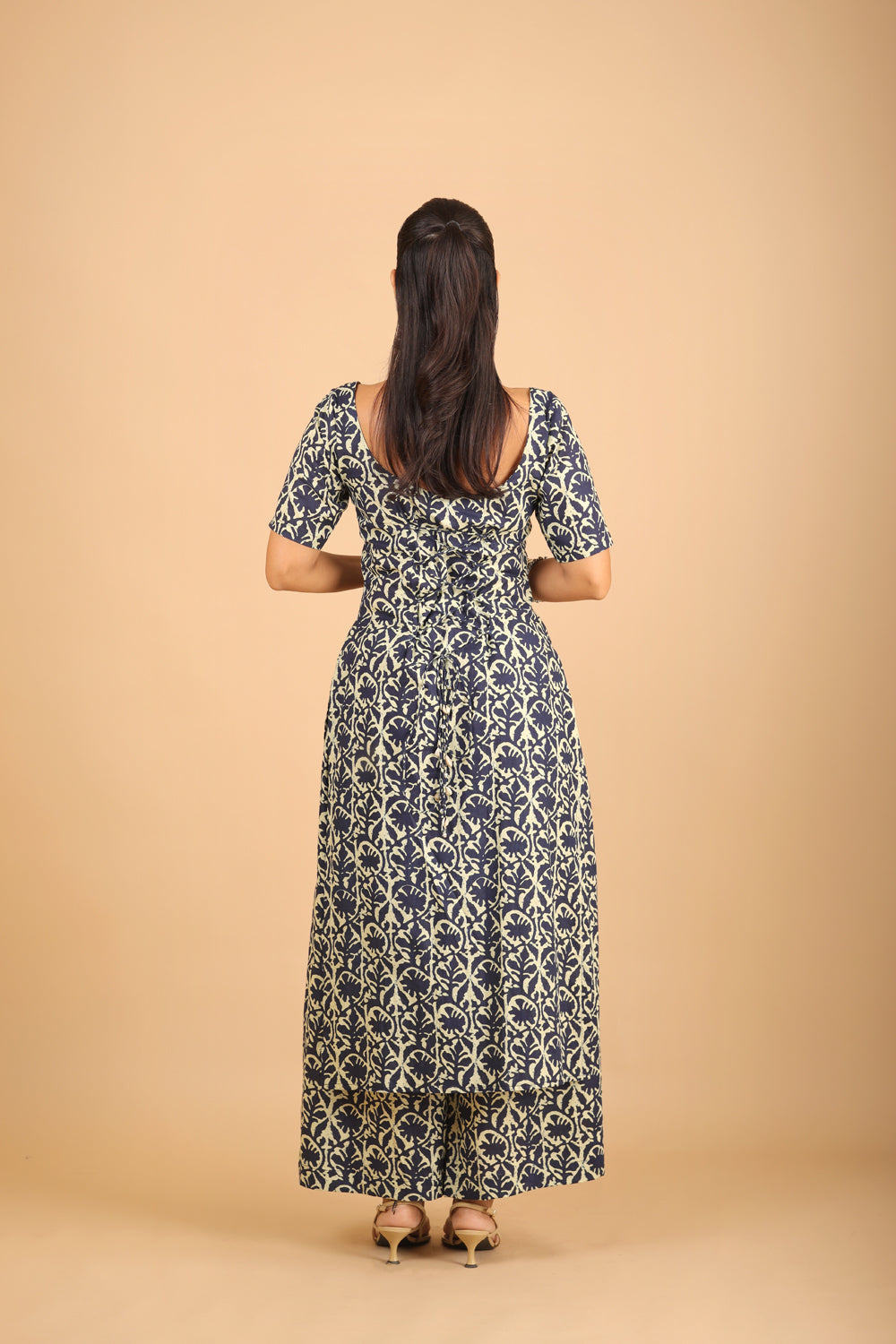 Navy Blue Cotton Kurta Set with Corset-Back