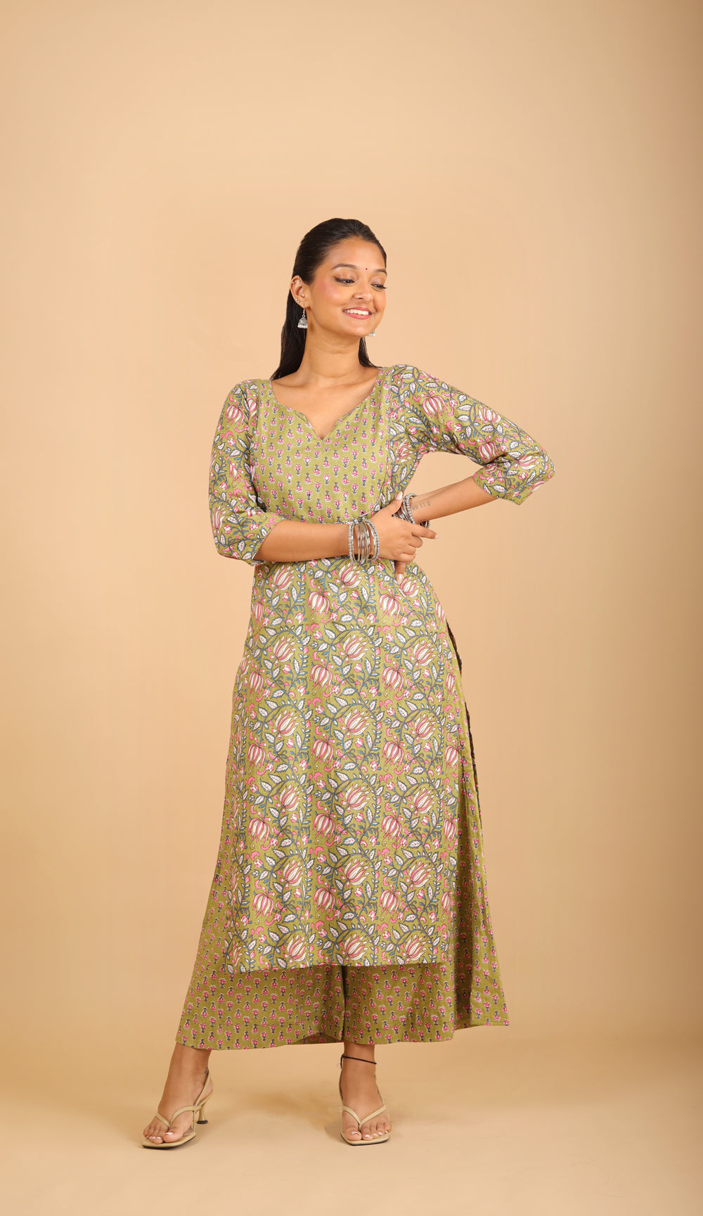 Sage Green Printed Cotton Kurta Set with Patchwork
