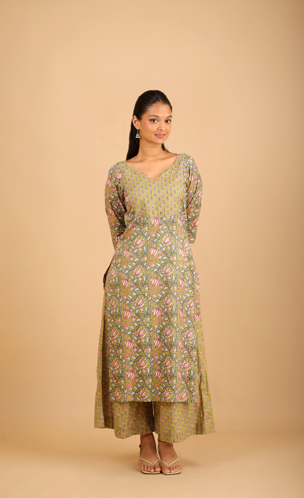 Sage Green Printed Cotton Kurta Set with Patchwork
