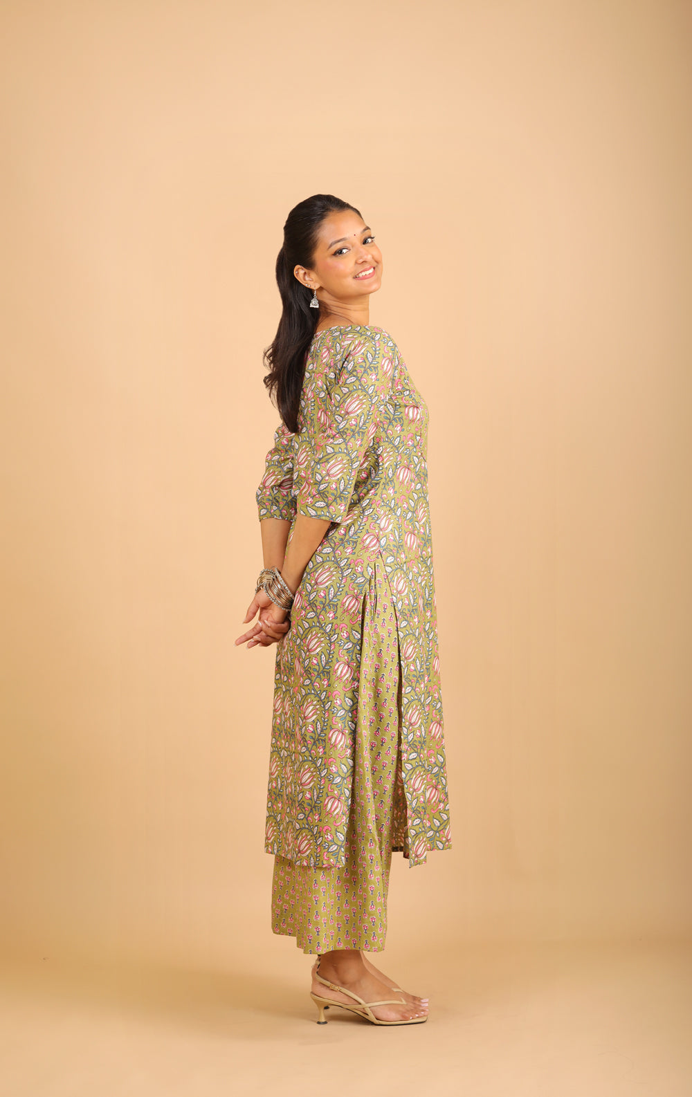 Sage Green Printed Cotton Kurta Set with Patchwork