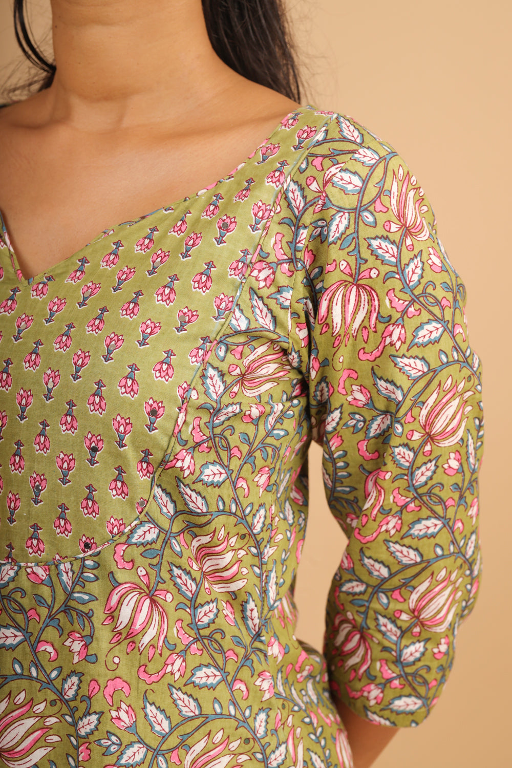 Sage Green Printed Cotton Kurta Set with Patchwork