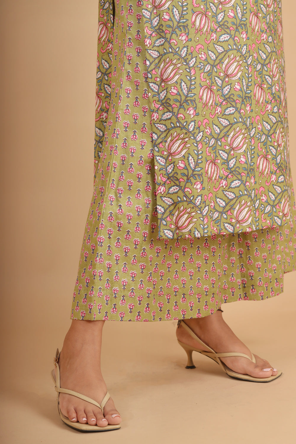 Sage Green Printed Cotton Kurta Set with Patchwork