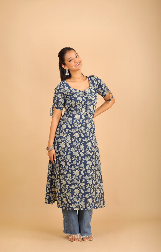 Dark Blue Sweetheart Neck Long Kurti