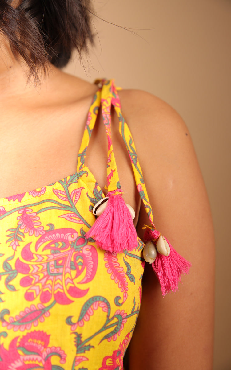 Yellow Floral Short Kurti with Shells