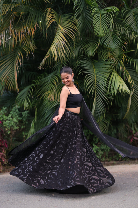 Black Sequin Lehenga (3-piece Set) With customisable blouse