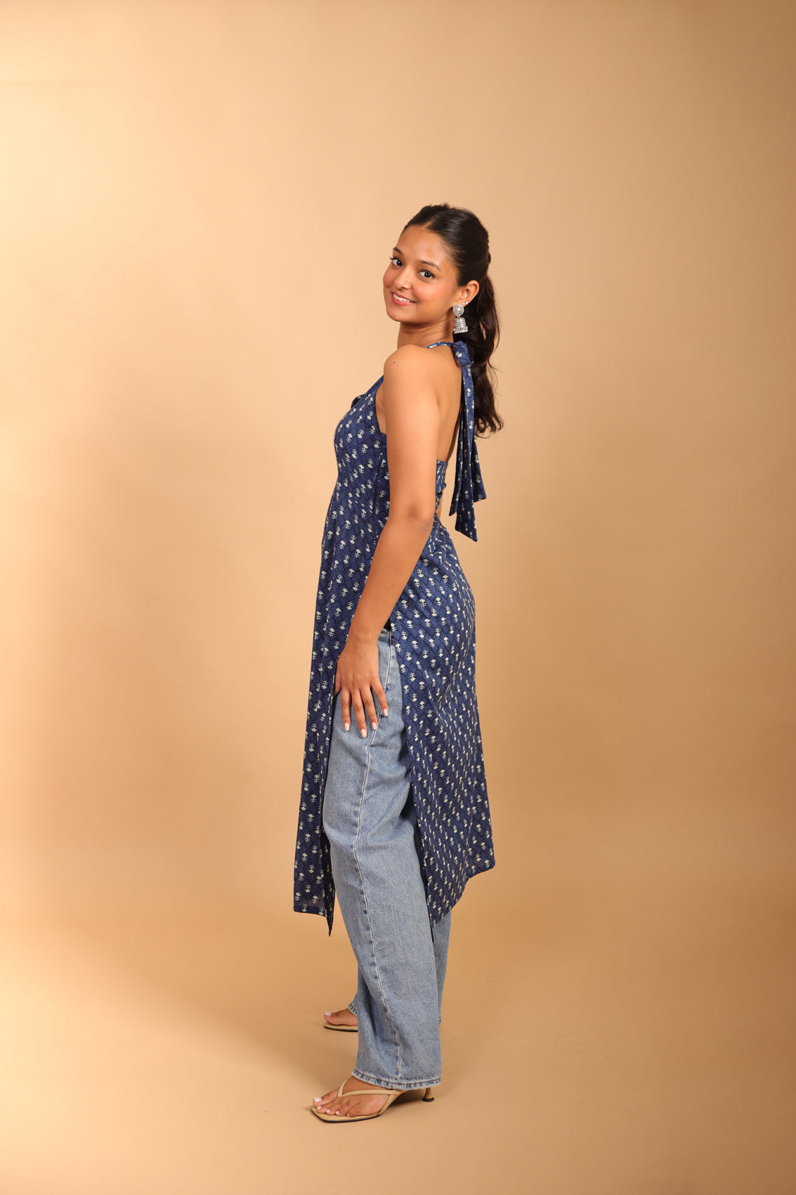 Dark Blue Halter Neck Long Kurti