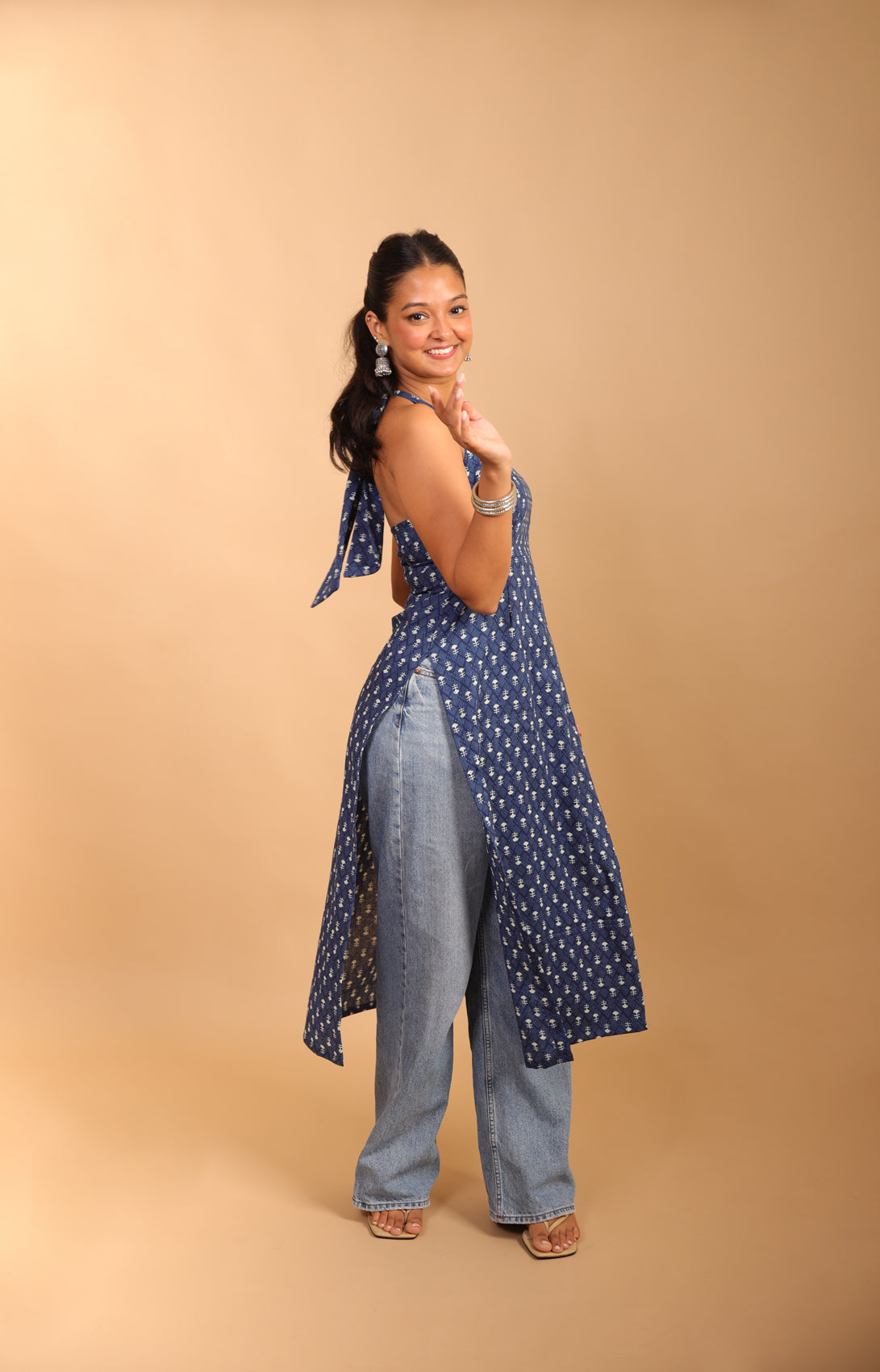 Dark Blue Halter Neck Long Kurti