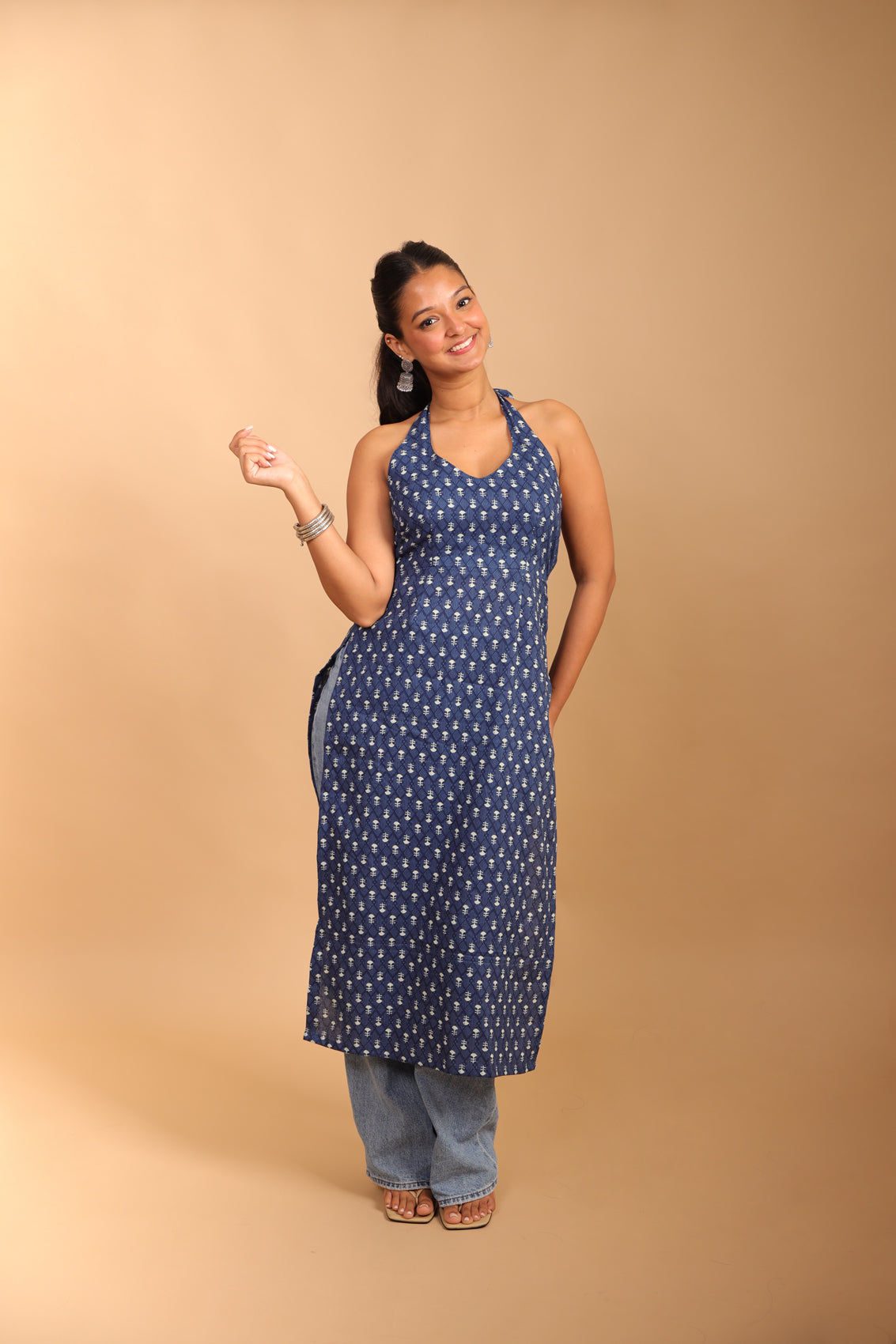 Dark Blue Halter Neck Long Kurti