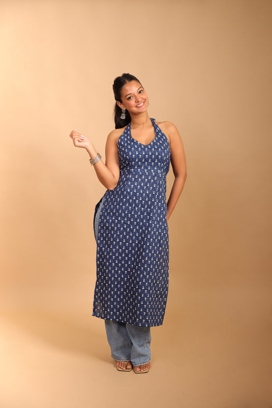 Dark Blue Halter Neck Long Kurti
