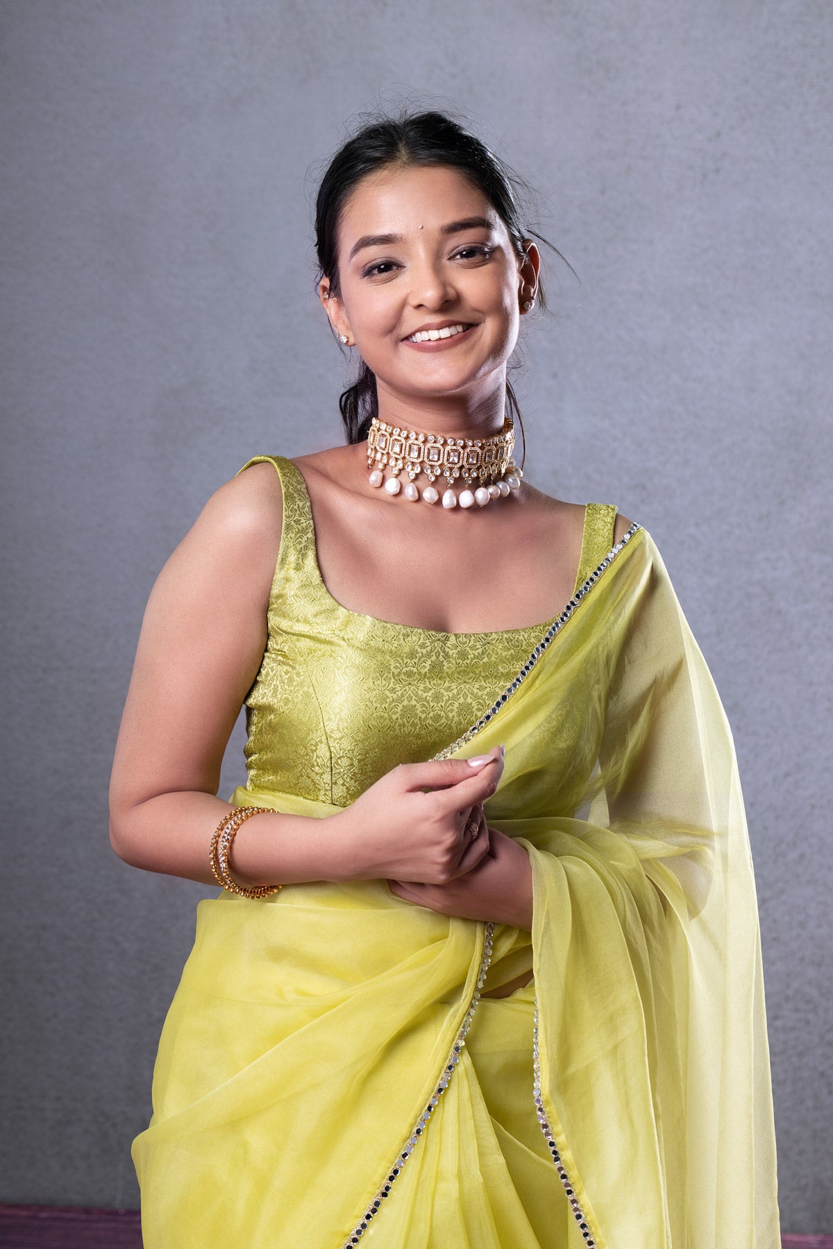 Green Brocade Blouse with Organza Green Saree