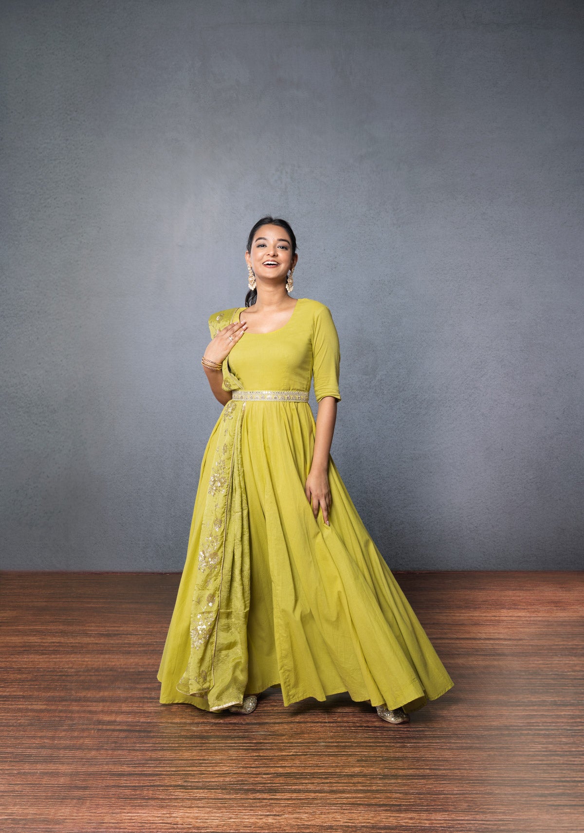 Leafy Green Suit With Belt (3-piece Set)