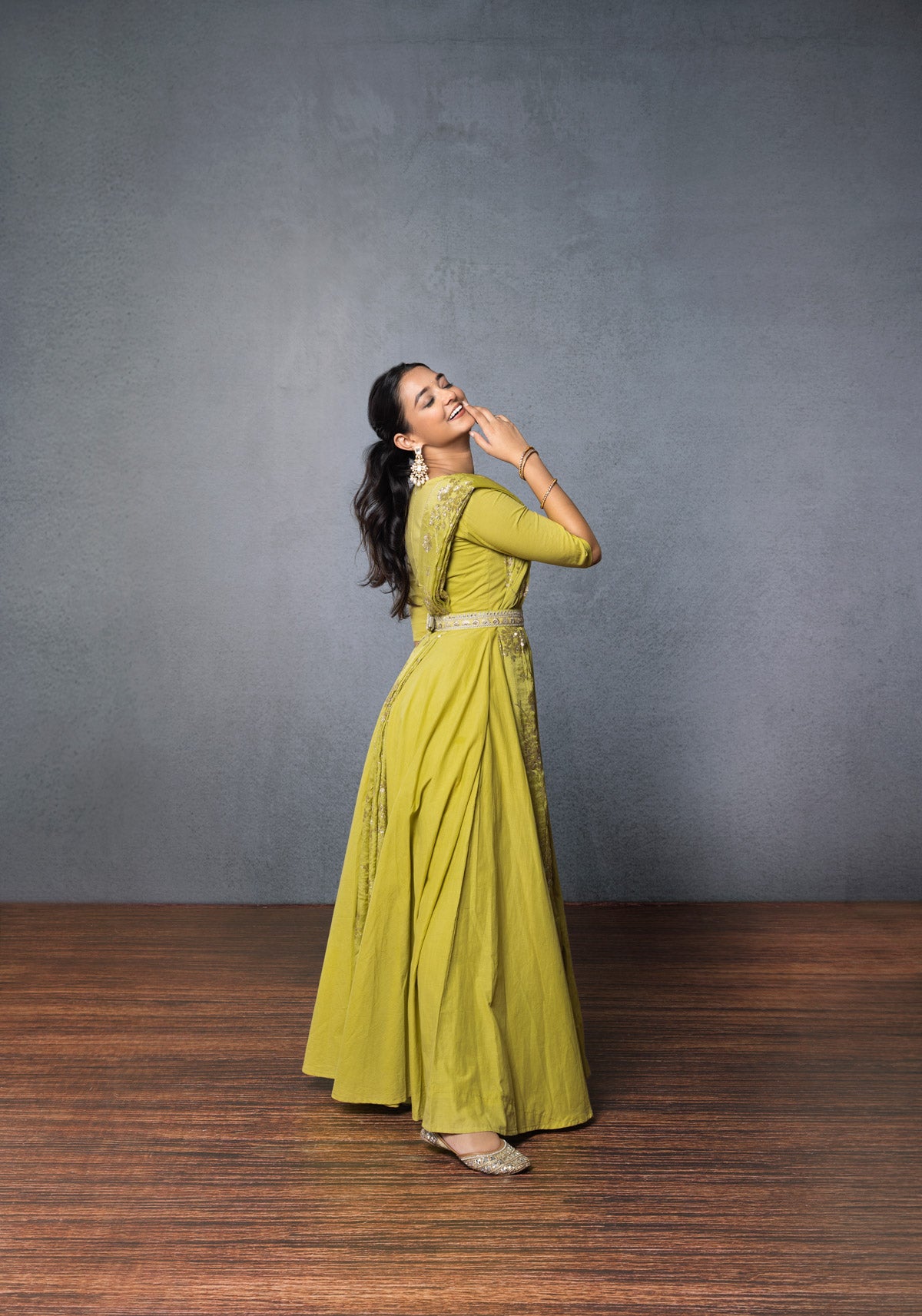 Leafy Green Suit With Belt (3-piece Set)