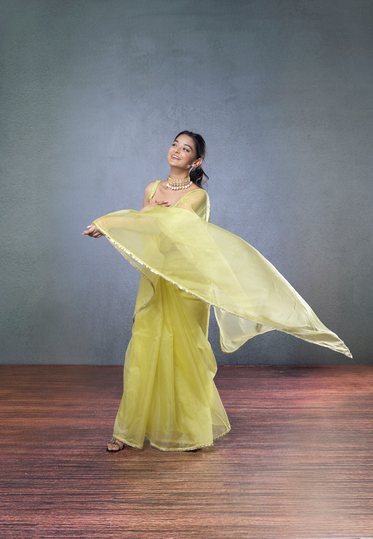 Green Brocade Blouse with Organza Green Saree