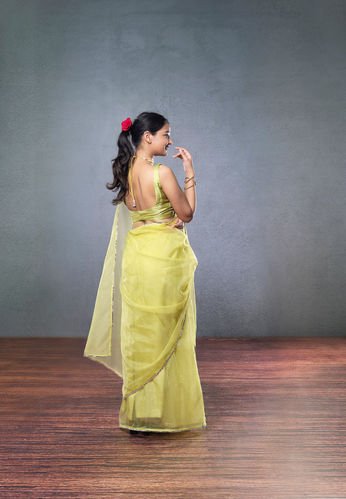 Green Brocade Blouse with Organza Green Saree