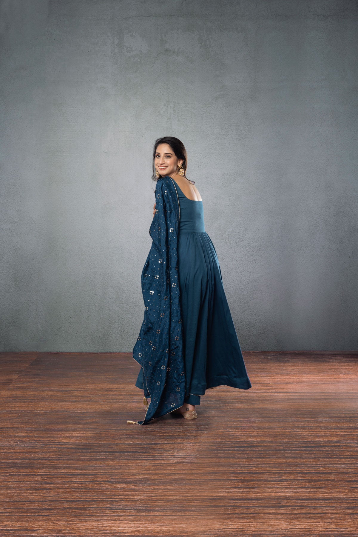 Dark Blue Anarkali (3-piece Set)