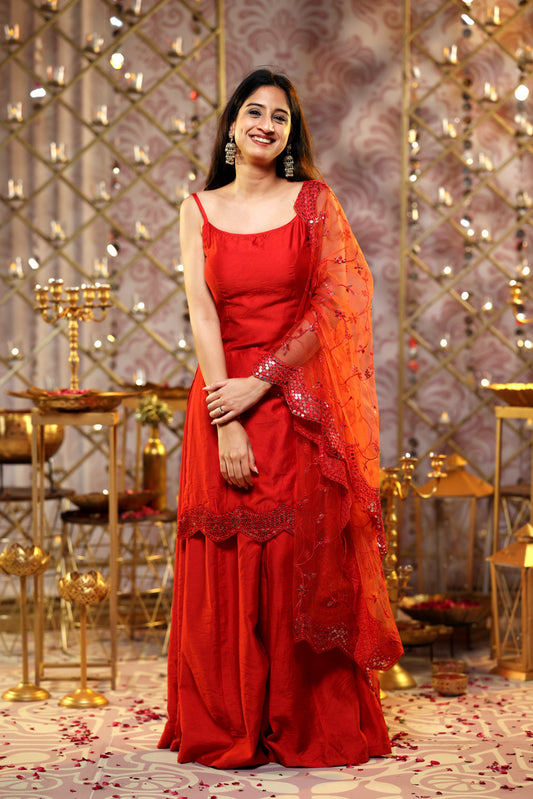 Deep Orange Gharara Set (3-piece Set)