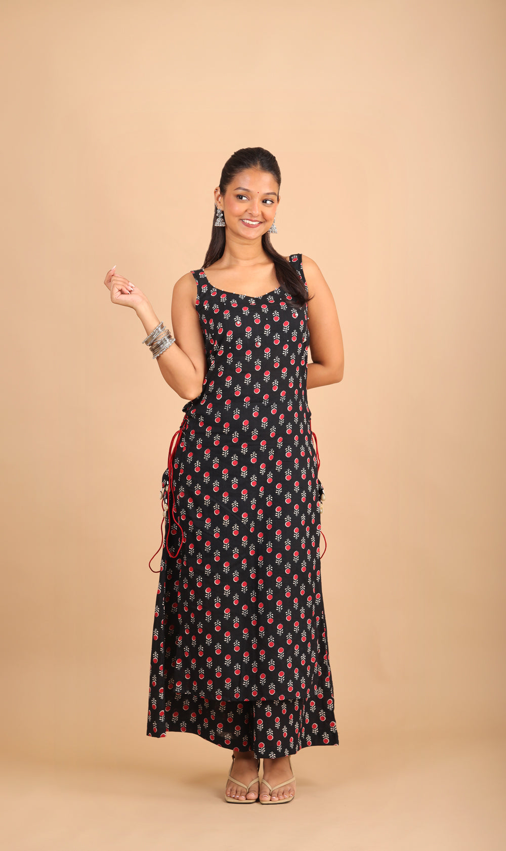 Black Printed Sleeveless Cotton Kurta Set