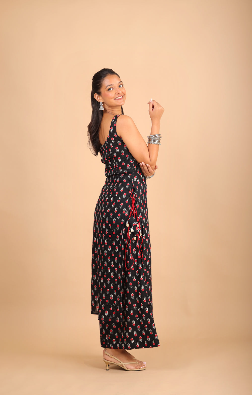 Black Printed Sleeveless Cotton Kurta Set