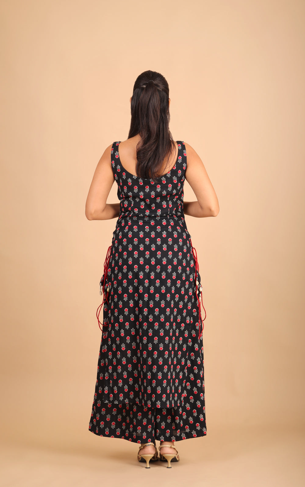 Black Printed Sleeveless Cotton Kurta Set