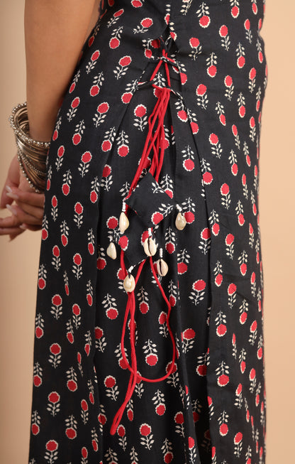 Black Printed Sleeveless Cotton Kurta Set