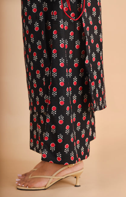 Black Printed Sleeveless Cotton Kurta Set