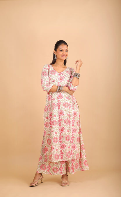 Printed Off-White Cotton Angrakha Kurta Set