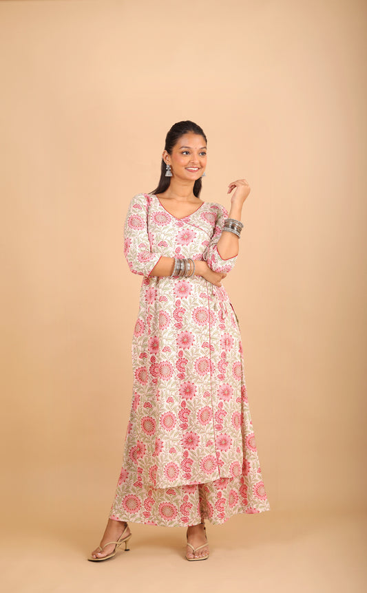 Printed Off-White Cotton Angrakha Kurta Set