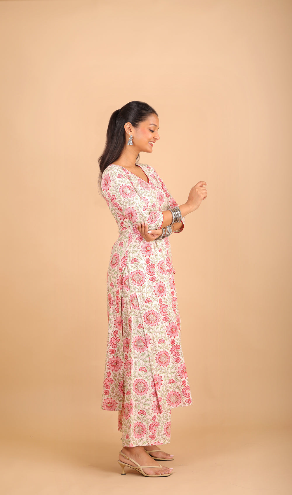 Printed Off-White Cotton Angrakha Kurta Set