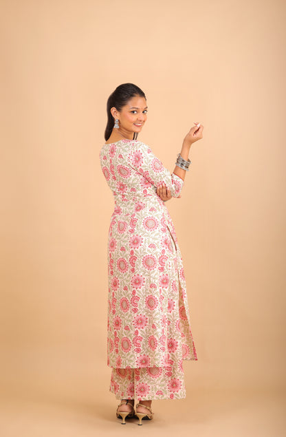 Printed Off-White Cotton Angrakha Kurta Set