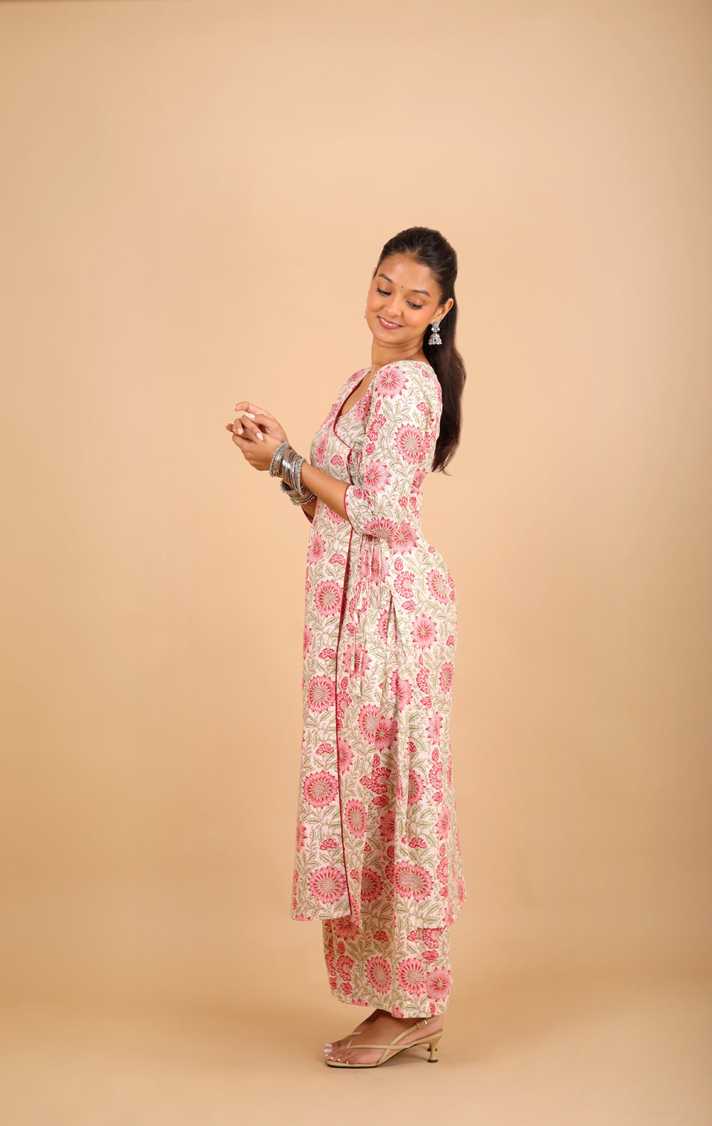 Printed Off-White Cotton Angrakha Kurta Set