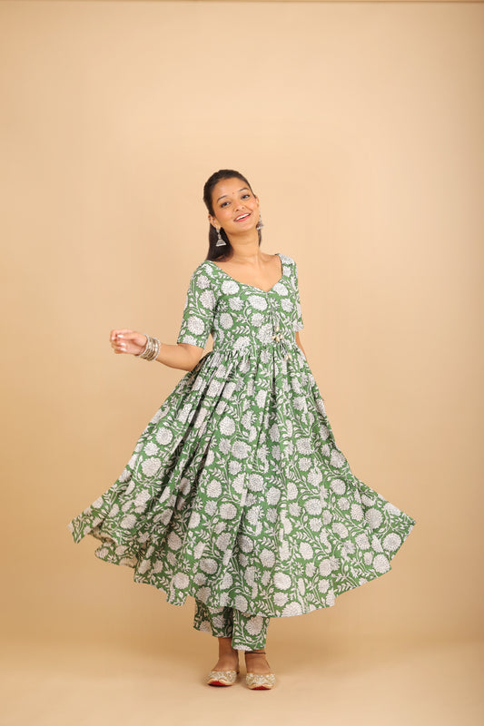 Green Printed Cotton Kurta Set with Tassels