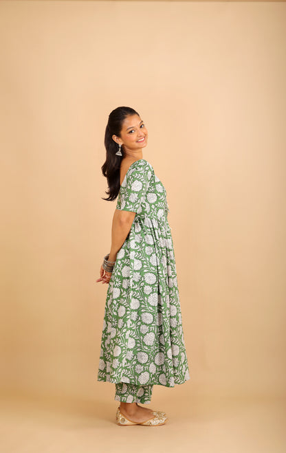 Green Printed Cotton Kurta Set with Tassels