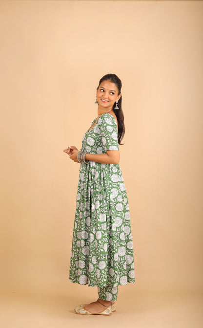 Green Printed Cotton Kurta Set with Tassels