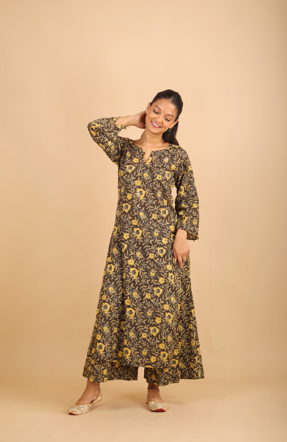 Black Printed Cotton Kurta Set with Bell Sleeves