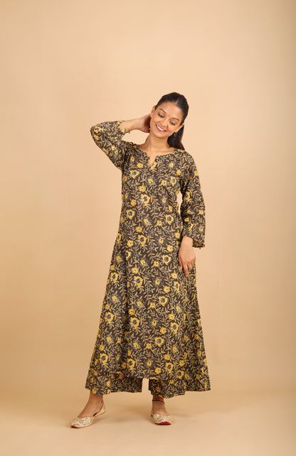 Black Printed Cotton Kurta Set with Bell Sleeves