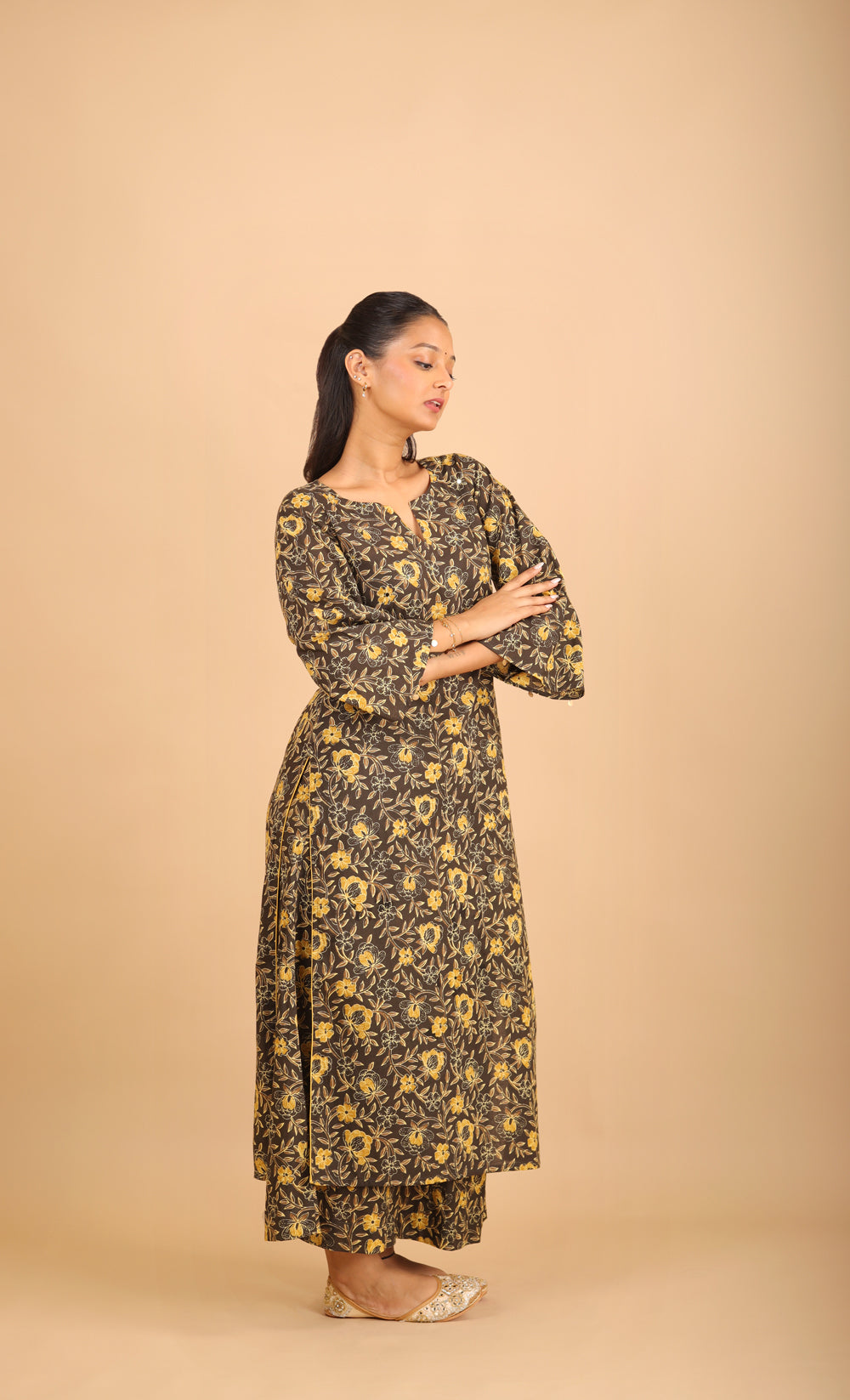 Black Printed Cotton Kurta Set with Bell Sleeves