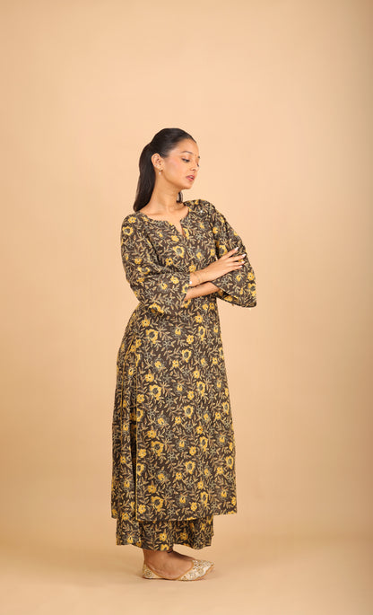 Black Printed Cotton Kurta Set with Bell Sleeves