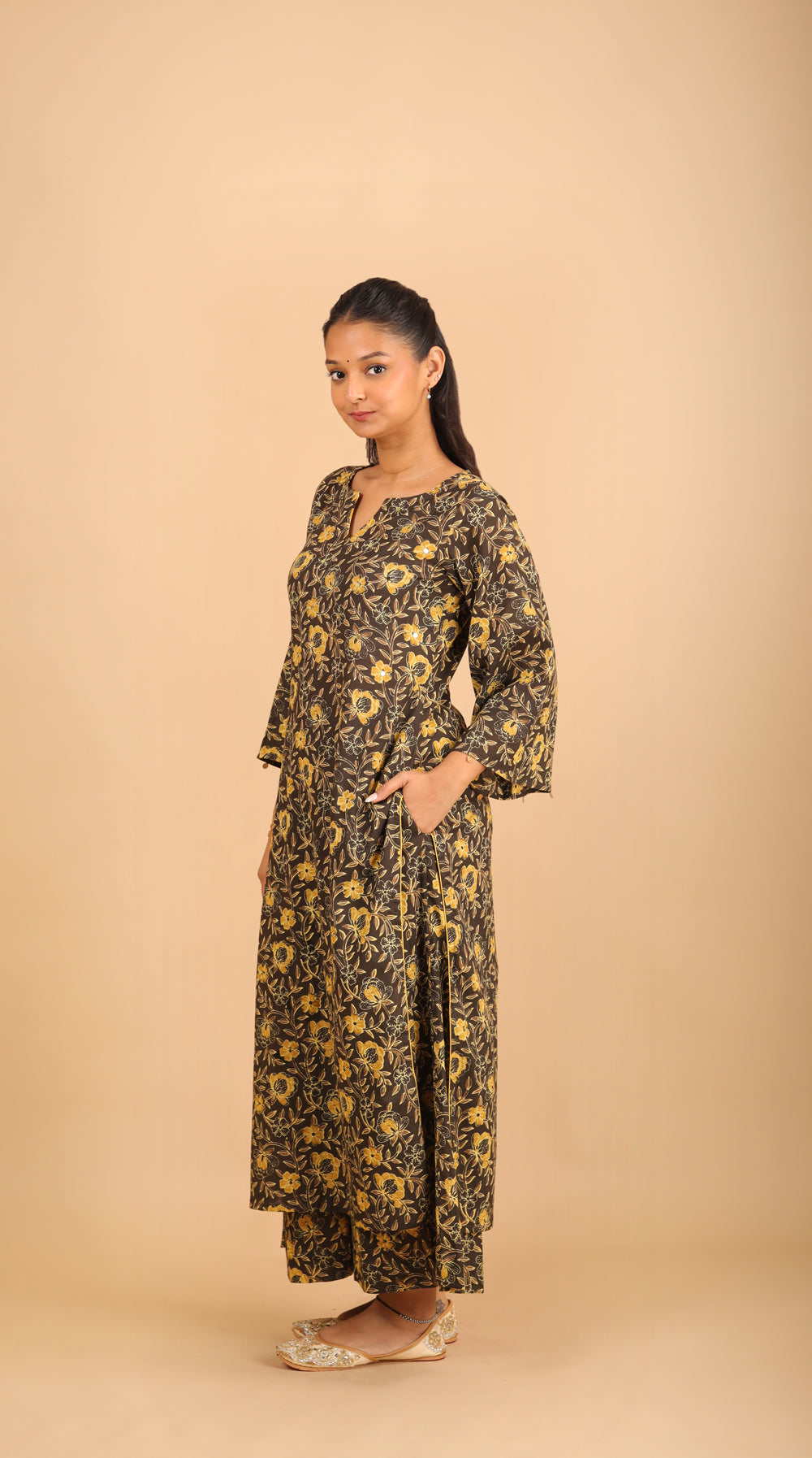 Black Printed Cotton Kurta Set with Bell Sleeves