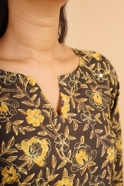 Black Printed Cotton Kurta Set with Bell Sleeves